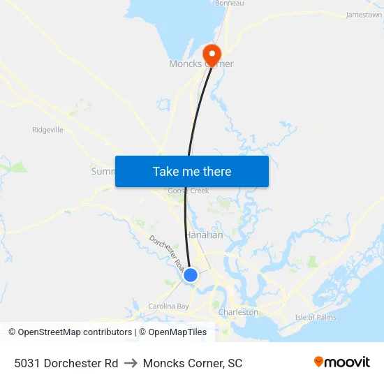 5031 Dorchester Rd to Moncks Corner, SC map