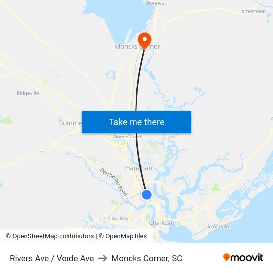 Rivers Ave / Verde Ave to Moncks Corner, SC map