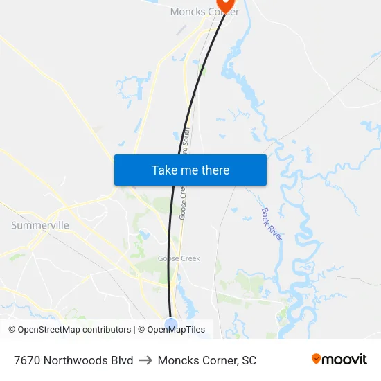 7670 Northwoods Blvd to Moncks Corner, SC map