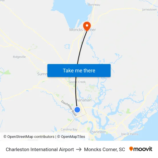 Charleston International Airport to Moncks Corner, SC map