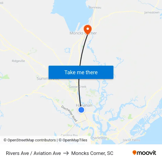 Rivers Ave / Aviation Ave to Moncks Corner, SC map