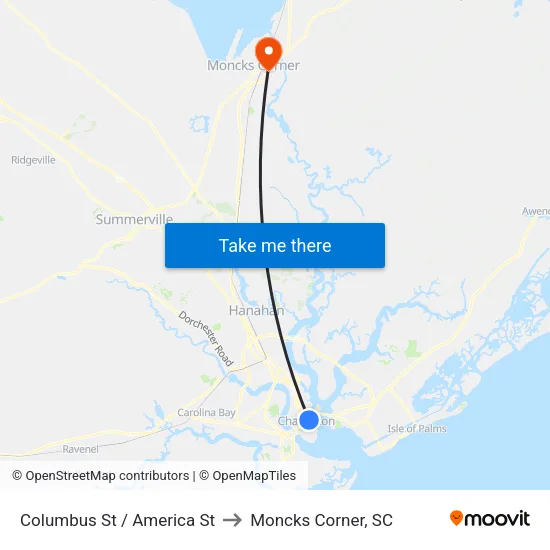 Columbus St / America St to Moncks Corner, SC map