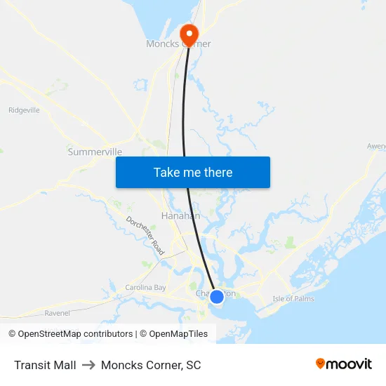 Transit Mall to Moncks Corner, SC map