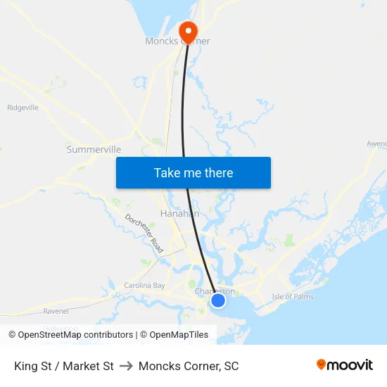 King St / Market St to Moncks Corner, SC map