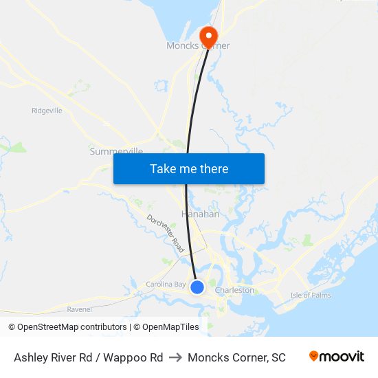 Ashley River Rd / Wappoo Rd to Moncks Corner, SC map