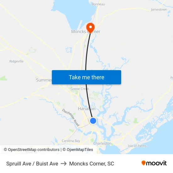 Spruill Ave / Buist Ave to Moncks Corner, SC map