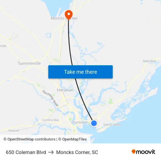 650 Coleman Blvd to Moncks Corner, SC map