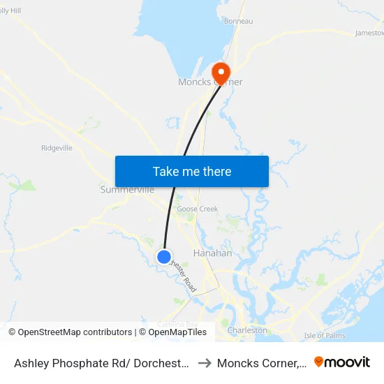 Ashley Phosphate Rd/ Dorchester Rd to Moncks Corner, SC map