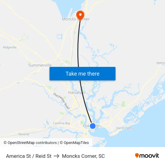 America St / Reid St to Moncks Corner, SC map