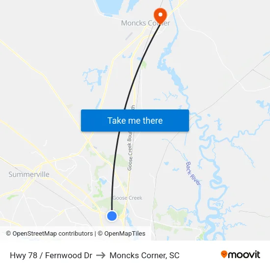 Hwy 78 / Fernwood Dr to Moncks Corner, SC map