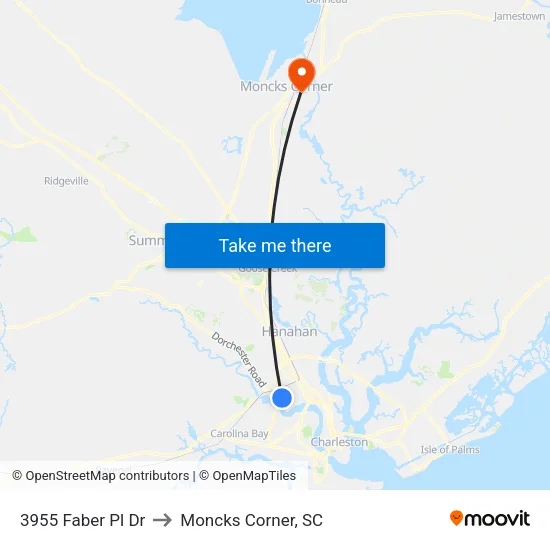 3955 Faber Pl Dr to Moncks Corner, SC map