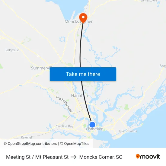 Meeting St / Mt Pleasant St to Moncks Corner, SC map