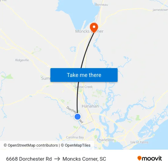 6668 Dorchester Rd to Moncks Corner, SC map