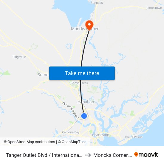 Tanger Outlet Blvd / International Blvd to Moncks Corner, SC map