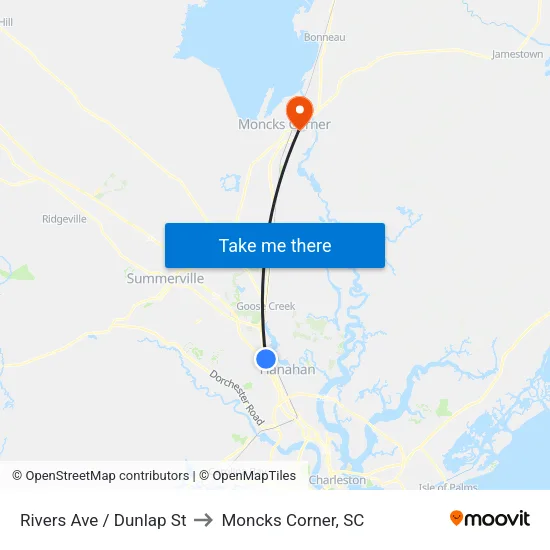 Rivers Ave / Dunlap St to Moncks Corner, SC map