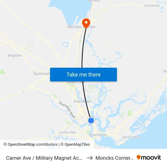 Carner Ave / Military Magnet Academy to Moncks Corner, SC map