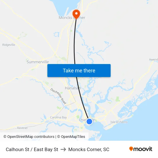 Calhoun St / East Bay St to Moncks Corner, SC map