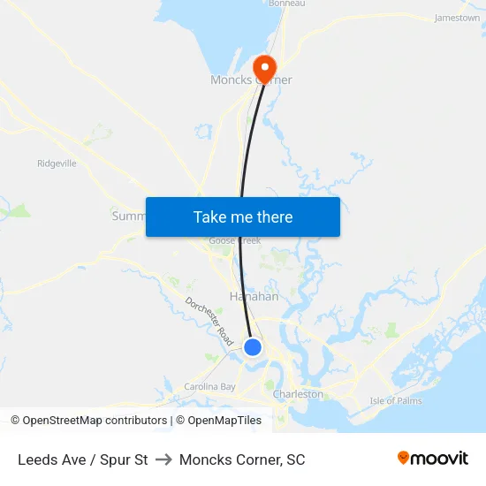 Leeds Ave / Spur St to Moncks Corner, SC map