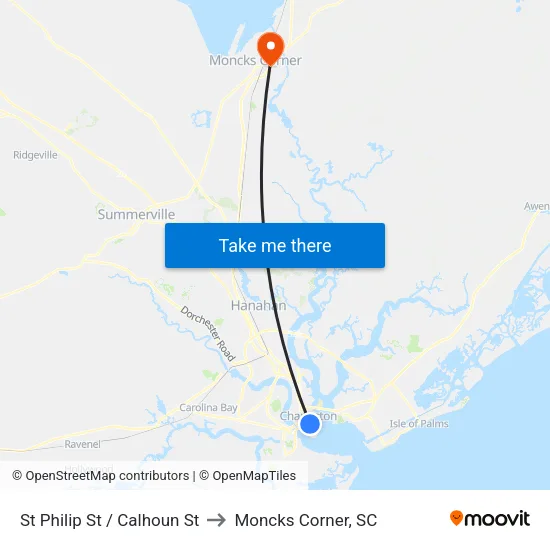 St Philip St / Calhoun St to Moncks Corner, SC map