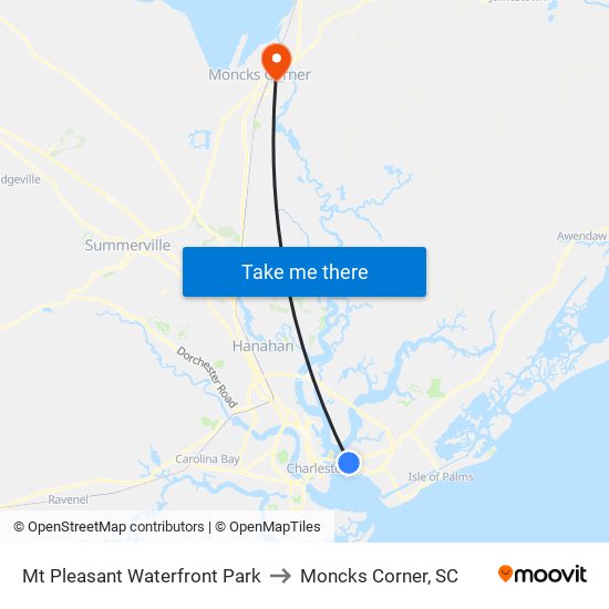 Mt Pleasant Waterfront Park to Moncks Corner, SC map