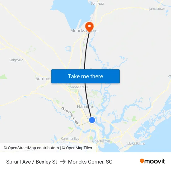 Spruill Ave / Bexley St to Moncks Corner, SC map