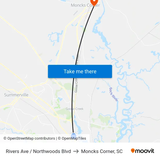 Rivers Ave / Northwoods Blvd to Moncks Corner, SC map