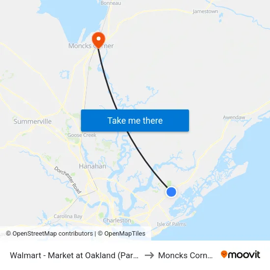 Walmart - Market at Oakland (Park & Ride) to Moncks Corner, SC map