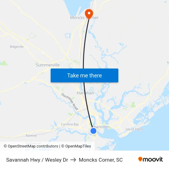 Savannah Hwy / Wesley Dr to Moncks Corner, SC map