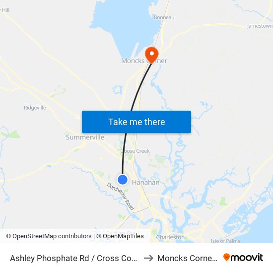 Ashley Phosphate Rd / Cross County Rd to Moncks Corner, SC map