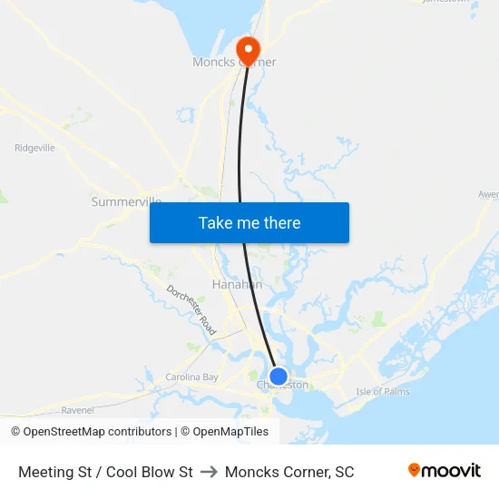 Meeting St / Cool Blow St to Moncks Corner, SC map