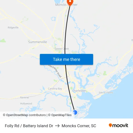Folly Rd / Battery Island Dr to Moncks Corner, SC map