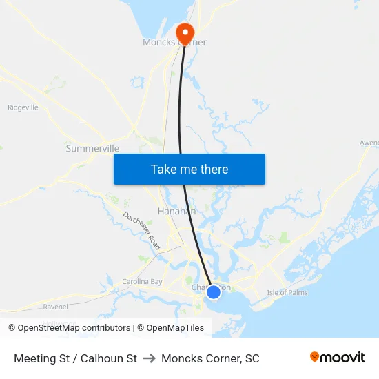 Meeting St / Calhoun St to Moncks Corner, SC map