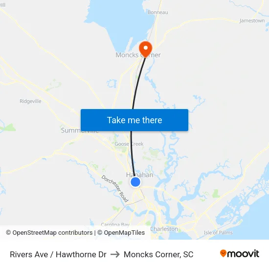Rivers Ave / Hawthorne Dr to Moncks Corner, SC map