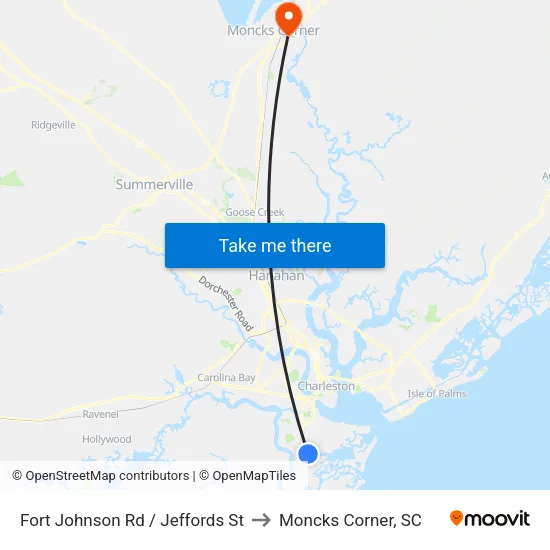 Fort Johnson Rd / Jeffords St to Moncks Corner, SC map