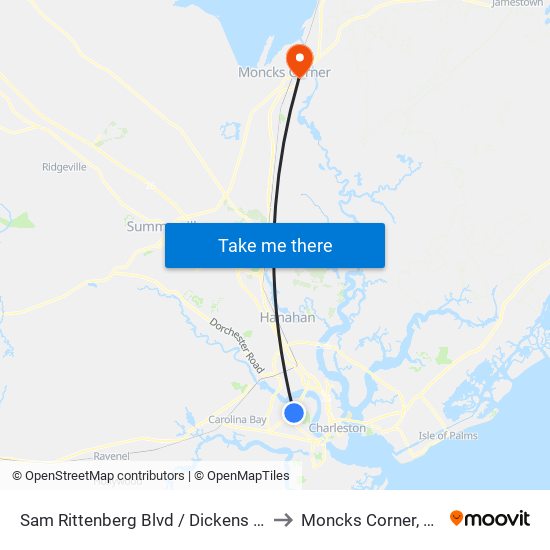 Sam Rittenberg Blvd / Dickens St to Moncks Corner, SC map