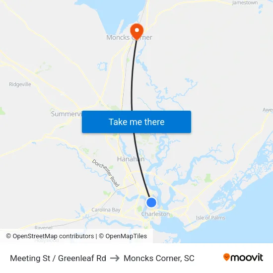 Meeting St / Greenleaf Rd to Moncks Corner, SC map