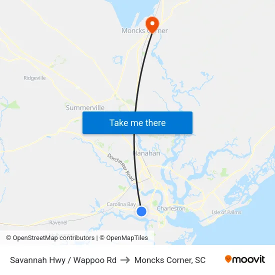 Savannah Hwy / Wappoo Rd to Moncks Corner, SC map