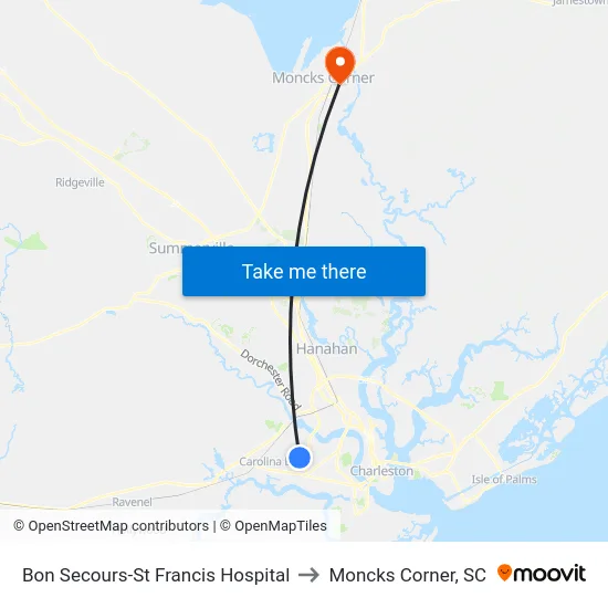 Bon Secours-St Francis Hospital to Moncks Corner, SC map