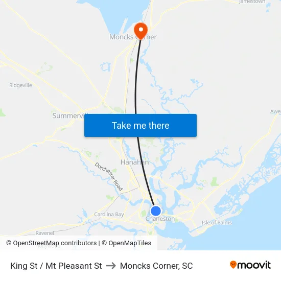 King St / Mt Pleasant St to Moncks Corner, SC map