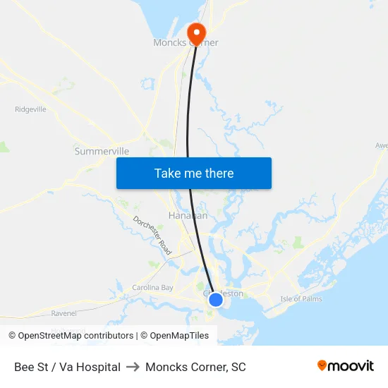 Bee St / Va Hospital to Moncks Corner, SC map