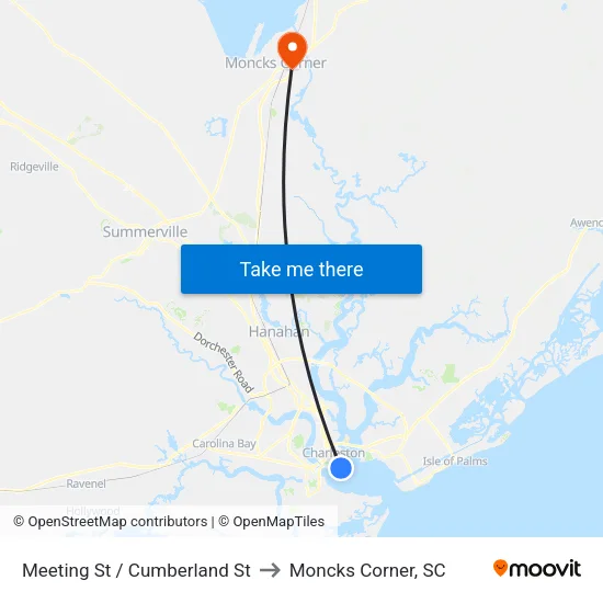 Meeting St / Cumberland St to Moncks Corner, SC map