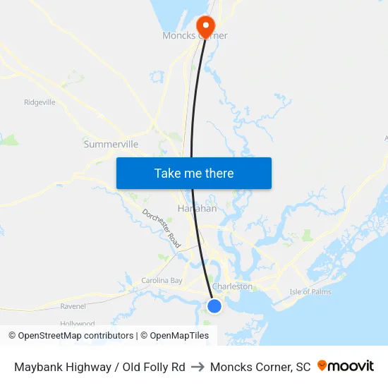 Maybank Highway / Old Folly Rd to Moncks Corner, SC map