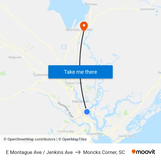 E Montague Ave / Jenkins Ave to Moncks Corner, SC map
