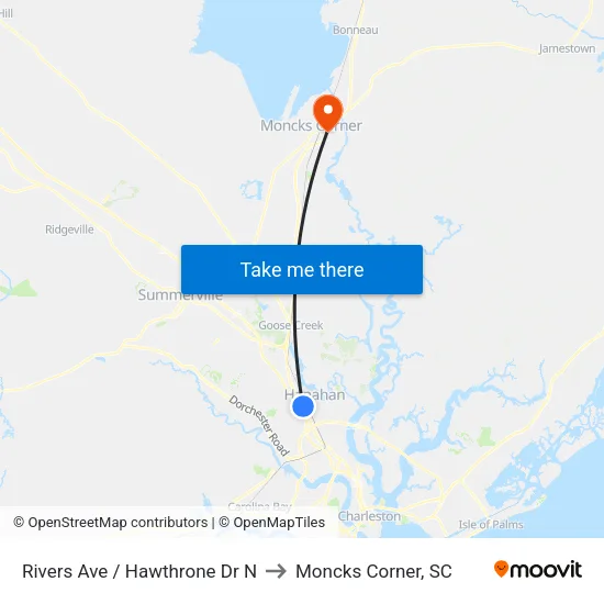 Rivers Ave / Hawthrone Dr N to Moncks Corner, SC map