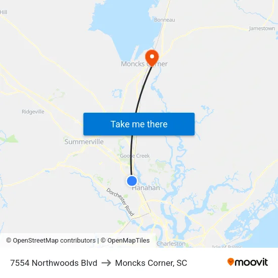 7554 Northwoods Blvd to Moncks Corner, SC map