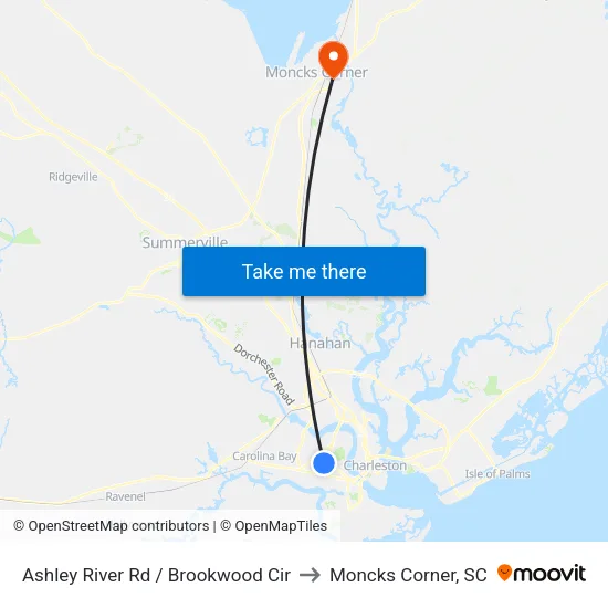 Ashley River Rd / Brookwood Cir to Moncks Corner, SC map