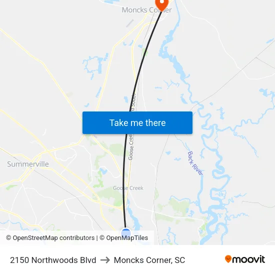 2150 Northwoods Blvd to Moncks Corner, SC map