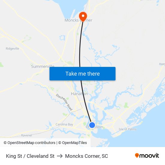 King St / Cleveland St to Moncks Corner, SC map