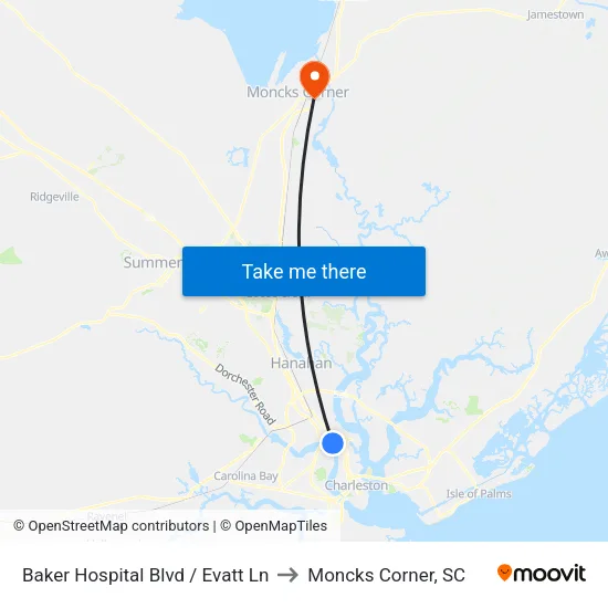 Baker Hospital Blvd / Evatt Ln to Moncks Corner, SC map