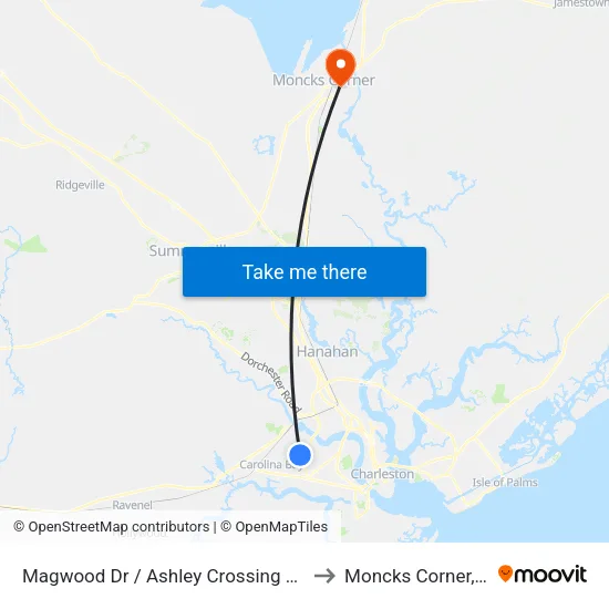 Magwood Dr / Ashley Crossing Plaza to Moncks Corner, SC map